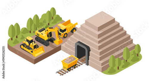 Isometric Mining Operation with Excavator, Dump Truck, and Mine Entrance.
