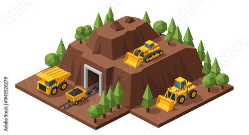Isometric mining operation with heavy machinery and mine entrance.