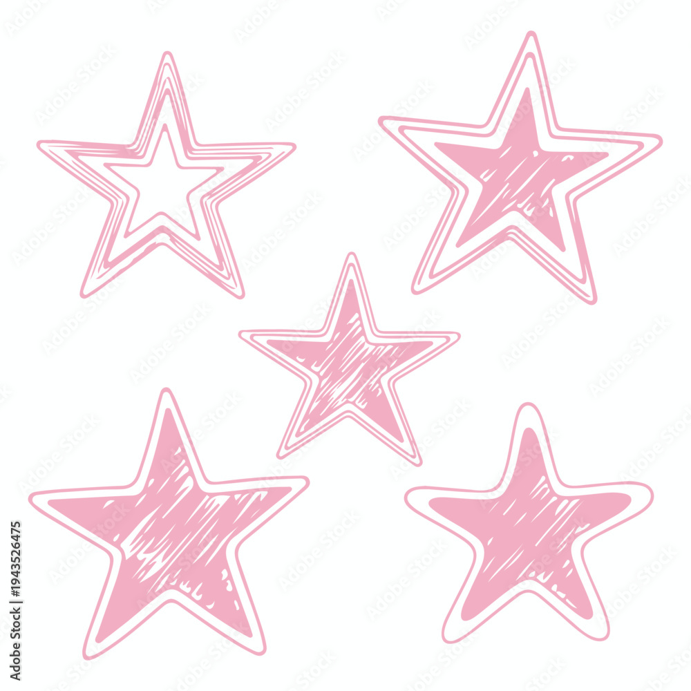 Obraz premium Five pink stars with varying degrees of shading and outlines arranged in a cross pattern