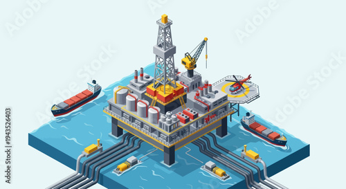 Isometric Offshore Oil Rig Platform with Support Vessels and Infrastructure.