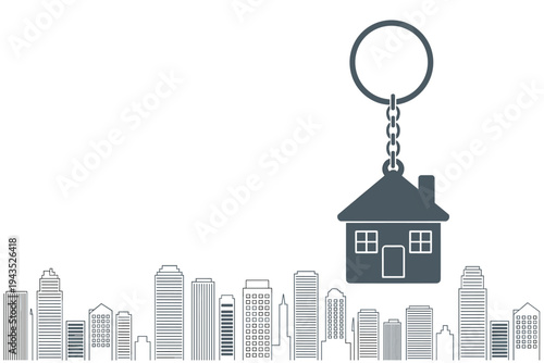 House key fob hanging above stylized city skyline.