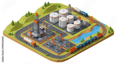 Isometric Oil and Gas Industry Complex with Refinery and Transport Infrastructure.