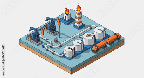 Isometric Oil and Gas Refinery with Storage Tanks and Flare Stacks.