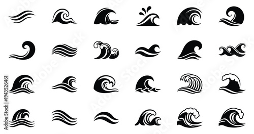 Diverse artistic wave and water motifs in black and white line drawings