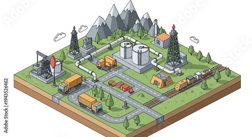 Isometric Oil and Gas Industry Infrastructure with Mountains and Pipelines.