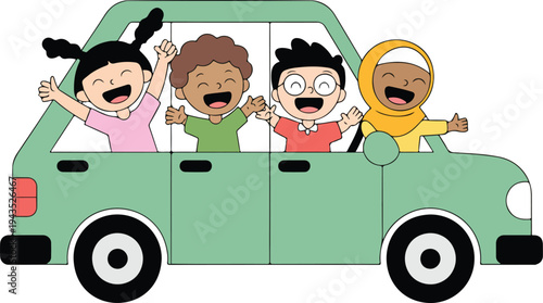Cartoon illustration of happy children riding in mint green car with joyful expressions in clean flat vector style