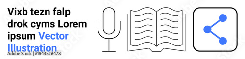 Audio technology, education, sharing, podcasting, communication, learning resources. A microphone, open book and share symbol in clean design. Audio technology and education concept