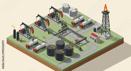 Isometric Oil Field with Drilling Rigs and Storage Tanks.