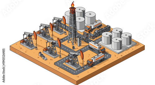 Isometric Oil Field with Drilling Rigs and Storage Tanks.