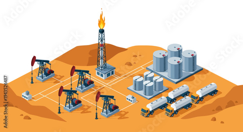 Isometric Oil Field with Drilling Rigs and Storage Tanks.