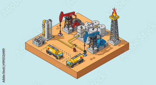 Isometric Oil Field with Drilling Rigs and Storage Tanks.