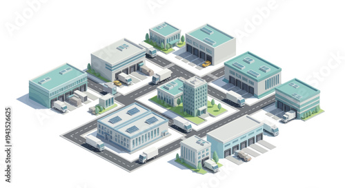 Isometric view of a modern industrial and logistics park with various buildings and transport vehicles.