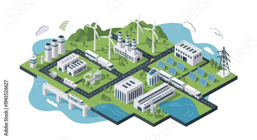 Isometric view of a sustainable city with green energy infrastructure.