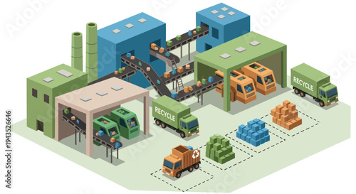 Isometric view of a waste management and recycling facility with trucks and machinery.