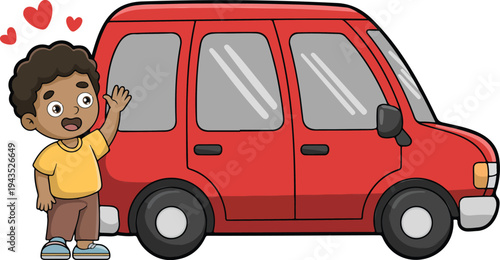 Cartoon illustration of smiling character waving beside red minivan with floating hearts in simple child friendly vector style