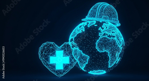 Work Safety Day  globe adorned with a safety hard hat, alongside a luminous heart with a medical cross, symbolizing global health and industrial safety initiatives