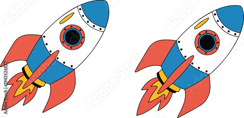 Cartoon retro rocket ship illustration with red fins, blue nose, and yellow flames in minimalist flat vector style