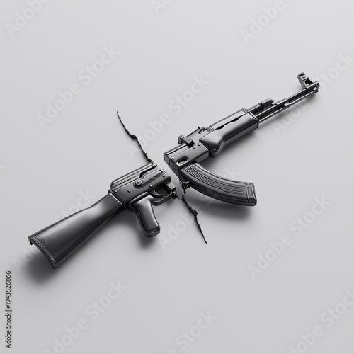 Minimal 3D render of a broken assault rifle split apart over a cracked surface, isolated on a gray background. Conceptual image symbolizing disarmament, anti-violence, peace, and the end of conflict.