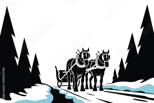 Two horses pulling sleigh along snowy pine forest path.