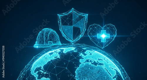 Work Safety Day Digital Safeguarding Global Health, Safety, and Security Concept with Futuristic Wireframe Icons Above a Connected Earth, Representing Worldwide Well-being and Protection