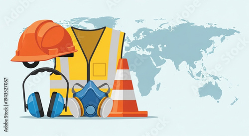 Work Safety Day Global safety and personal protective equipment illustration, essential for construction, industry, and hazardous environments