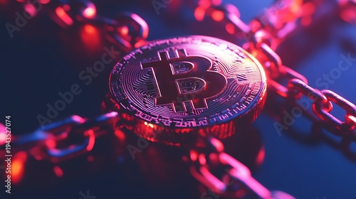 Shiny Gold Bitcoin Cryptocurrency Coin on Digital Blockchain Network Concept for Modern Finance, Crypto Trading, Virtual Money Investment Background Technology