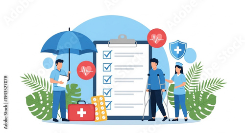 Navigating healthcare A conceptual illustration depicting comprehensive medical insurance, patient support, and recovery management services for better well-being