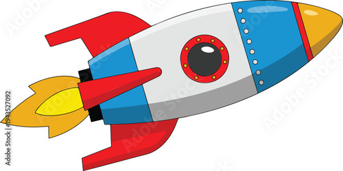 Cartoon retro rocket ship illustration with red fins, blue nose, and yellow flames in minimalist flat vector style