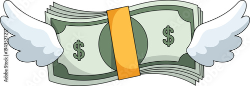 Cartoon illustration of flying stack of dollar bills with angel wings and rubber band in minimalist vector style