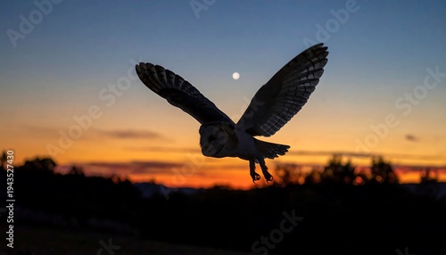 A silhouette of an owl flying gracefully against a vibrant sunset sky, with a bright star above. The landscape is dark
