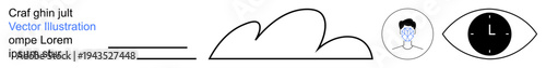Health safety, time management, global concepts, pandemic awareness, modern design, data visualization. A cloud, a masked face a clock in an eye. Health safety and time management