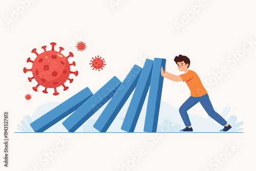 Resilient young man stopping the domino effect of falling blocks triggered by coronavirus pandemic, flat vector illustration of social and economic impact of COVID-19 crisis and prevention.
