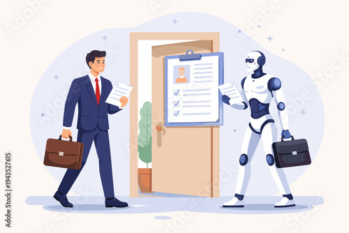 Human Professional and AI Robot Competing for Job Opportunity, Walking Towards Office Door with Resumes and Briefcases, Concept of Artificial Intelligence Automation and Future Employment