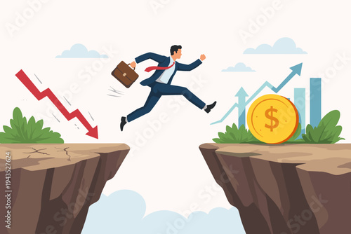 Businessman jumping over a cliff gap from a financial crisis with a red downward arrow to a side with a gold dollar coin and rising blue charts, symbolizing business success and economic growth.