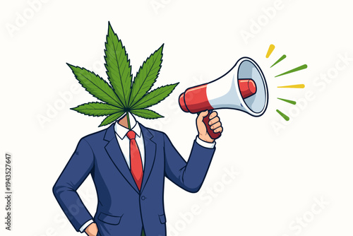Vector illustration of a businessman in a blue suit and red tie with a green cannabis leaf instead of a head, holding a megaphone to make an announcement about marijuana legalization and business.