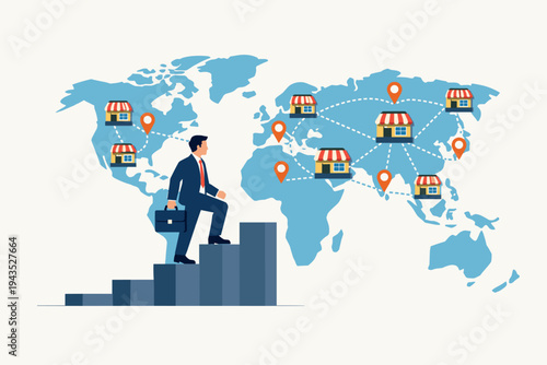 Businessman climbing stairs for global expansion with world map background showing network of franchise stores and location pins, representing international business growth and retail success.