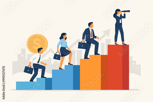 Vector illustration of business professionals climbing a bar graph staircase representing career growth and financial success. A leader at the top uses a telescope to envision future goals.