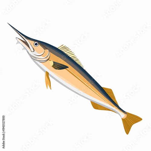 Artistic vector illustration of a garfish needlefish swimming with a sleek profile and sharp beak in a vibrant lighting style