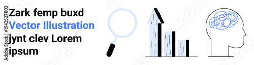 Business analytics, mental health, growth research, productivity, intellectual performance, cognitive science. Magnifying glass, bar chart and brain diagram. Business analytics and mental health