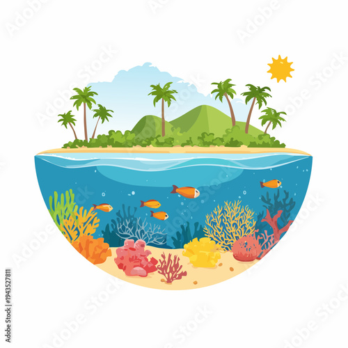 Vector illustration of a fringing reef adjacent to a coastline and island, showing coral growth near the shore in a tropical ocean ecosystem.