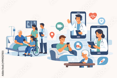 Comprehensive healthcare vector illustration showing doctors and nurses caring for patients in a hospital ward and remotely via telemedicine video calls on mobile phones and laptop computers.