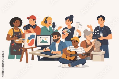 Diverse Group of Creative Professionals and Artists in Flat Vector Illustration Featuring Painter, Photographer, Musician, Graphic Designer, Sculptor, Filmmaker, and Architect at Work Together