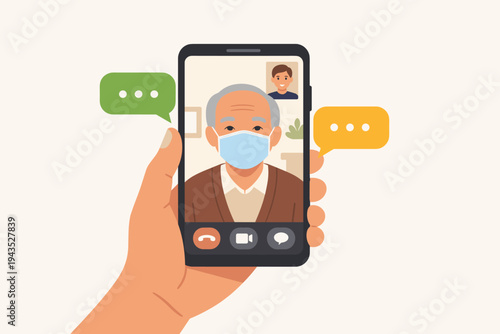 Vector illustration of a hand holding a smartphone for a video call with an elderly man wearing a medical face mask. Concept of remote communication, family connection, and telehealth services.