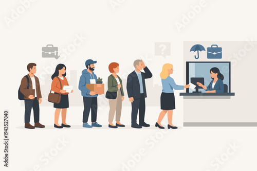 Diverse group of jobless people standing in a long queue at a service window for unemployment benefits and insurance. Illustration of economic crisis, job loss, and social security assistance.
