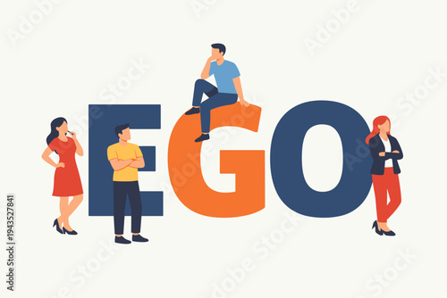 Flat vector illustration of diverse men and women standing and sitting around the large word EGO, representing concepts of narcissism, self-importance, arrogance, and psychological personality traits.