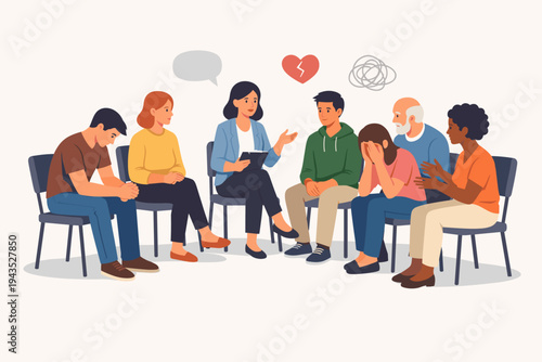 Group therapy session with diverse people sitting in a circle discussing mental health issues. A female counselor leads the support group as participants share feelings of grief and anxiety.