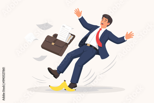 Businessman in Blue Suit Slipping on a Banana Peel with Briefcase and Flying Documents, Concept of Unexpected Business Risk, Professional Failure, Clumsy Mistake, and Workplace Accident Vector