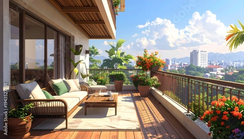 A sun-drenched balcony overlooking a city vista, featuring comfortable seating, vibrant blooms, and wooden accents, merging indoor-outdoor living