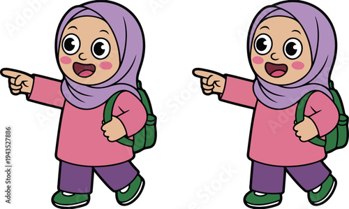 Cartoon illustration of cheerful young girl in purple hijab pointing forward with backpack in simple flat vector style