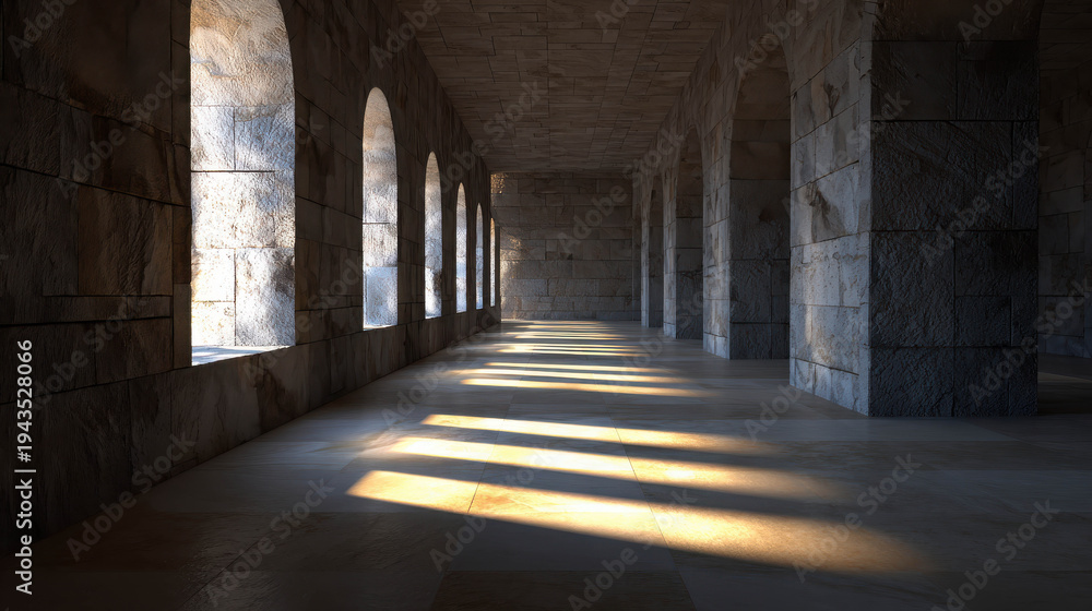 Fototapeta premium Sunlight illuminating a stone hallway with arched windows, creating dramatic shadows and highlighting the architecture 